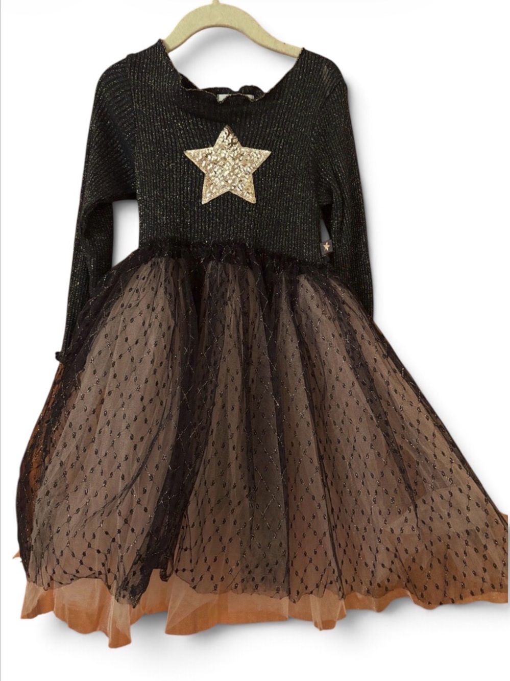 Petite Hailey Girls Black & Gold Sparkle Star Tulle Dress - Size 6